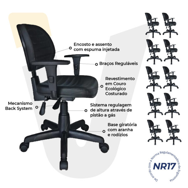 Combo com 10 Cadeiras Executivas Back System c/ Braços Reguláveis – VTR
